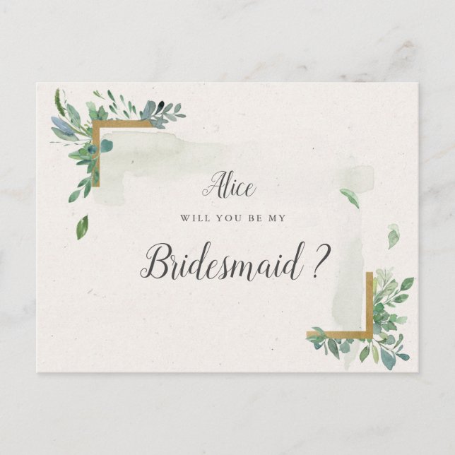 gold greenery bridesmaid Invitation Postcard (Front)