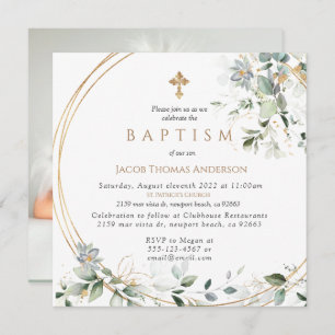 Gold Greenery Eucalyptus Boy Baptism Invitation