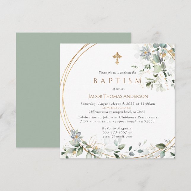  Gold Greenery Eucalyptus Boy Baptism Invitation (Front/Back)