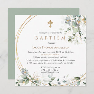 Gold Greenery Eucalyptus Boy Baptism Invitation