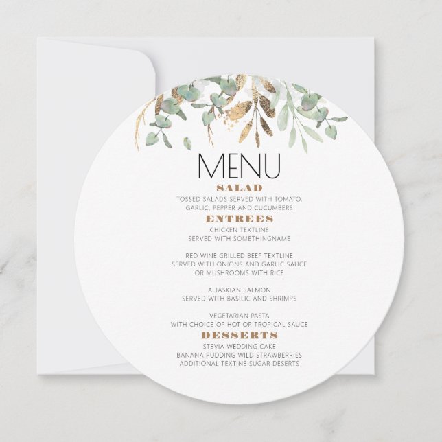 Gold Greenery Eucalyptus Leaves Foliage Menu Invitation (Front)