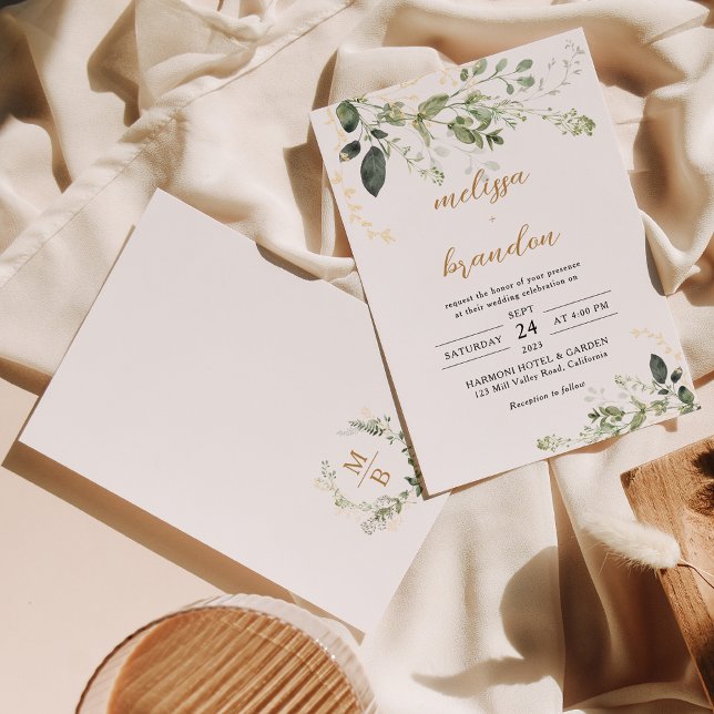 Gold Greenery Eucalyptus Monogram Script Wedding Invitation (Creator Uploaded)