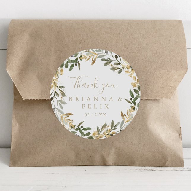 Gold Greenery Fall Thank You Wedding Favour   Classic Round Sticker (Creator Uploaded)
