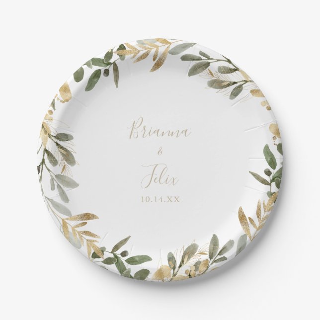 Gold Greenery Fall Wedding Cake Paper Plate (Front)
