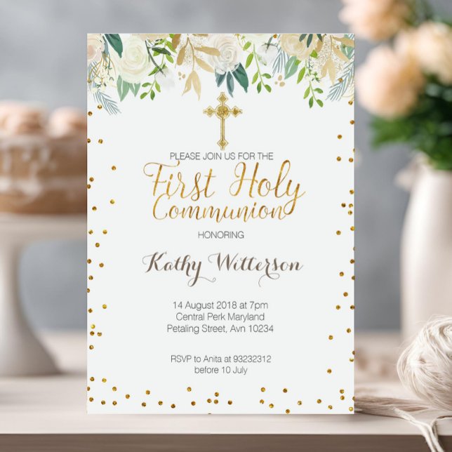 Gold greenery First Holy Communion Invitation (Creator Uploaded)