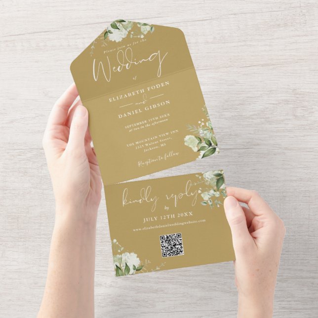 Gold Greenery Floral QR Code Monogram Wedding All In One Invitation (Tearaway)