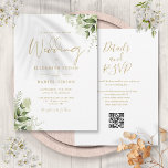 Gold Greenery Floral QR Code Script Wedding Invitation<br><div class="desc">This elegant gold botanical greenery leaves wedding invitation can be personalized with your information in chic typography with your wedding website details and your QR code on the reverse. Designed by Thisisnotme©</div>