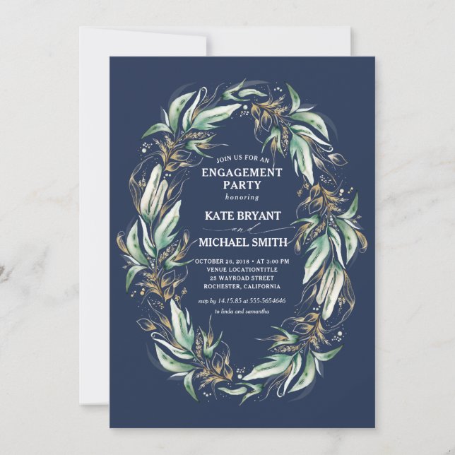 Gold Greenery Foliage Navy Blue Engagement Party Invitation (Front)