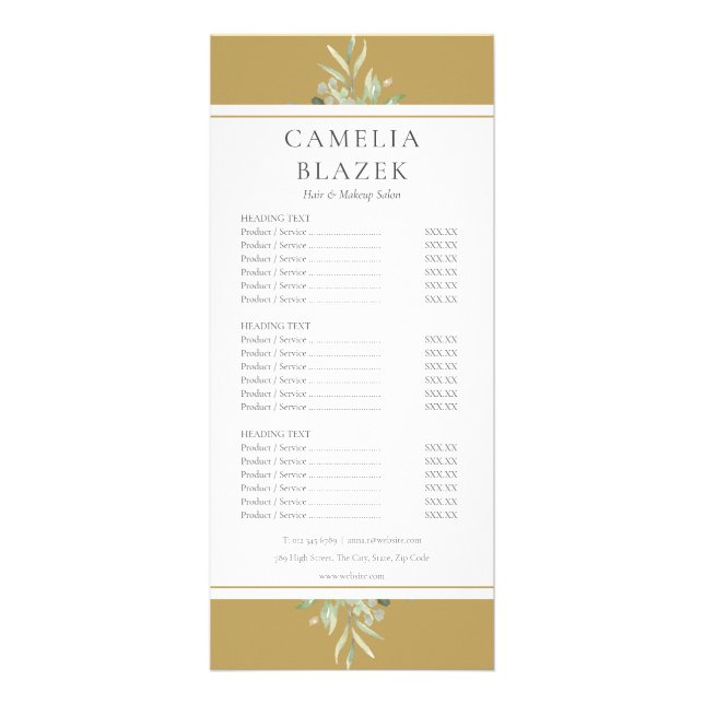 Gold Greenery Foliage Salon Service Menu (Front)