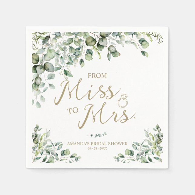 Gold Greenery From Miss To Mrs Bridal Shower Napkin (Front)