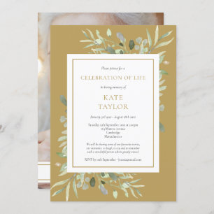 Gold Greenery Funeral Celebration of Life Photo Invitation