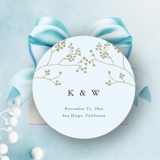 Gold Greenery Ice Blue Elegant Chic Winter Wedding Classic Round Sticker (winter greenery wedding sticker favors envelope seals elegant modern classic ice blue gold monograms)