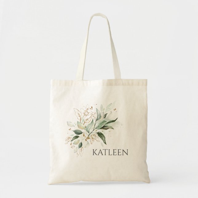 Gold Greenery Leaves Elegant Modern Tote Bag (Front)