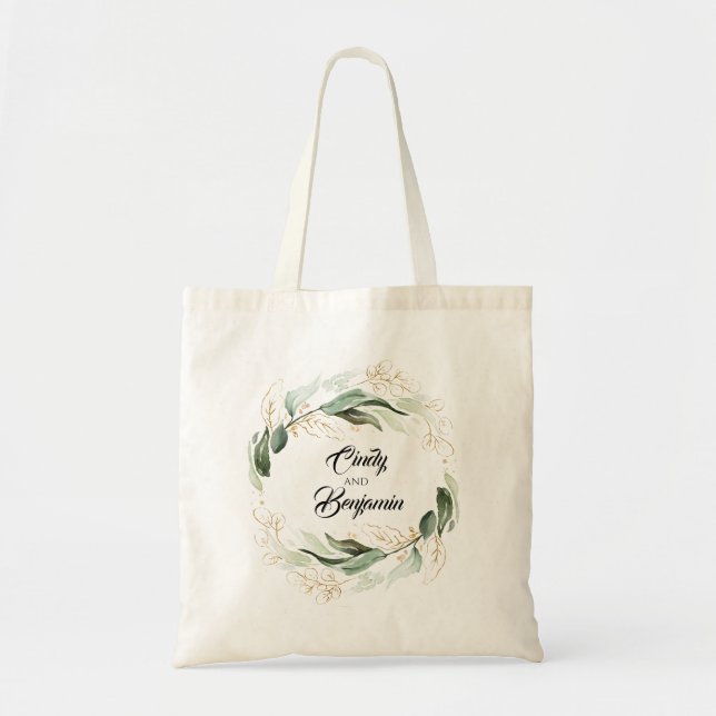 Gold Greenery Leaves Wreath Elegant Modern Tote Bag (Front)