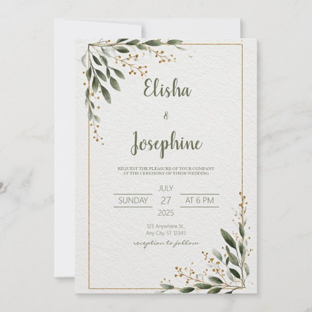 Gold Greenery Minimalist Leaf Frame Wedding Invitation (Front)