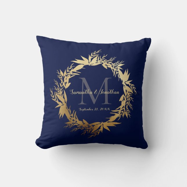 Gold Greenery Monogram Navy Blue Wedding Keepsake Cushion (Front)