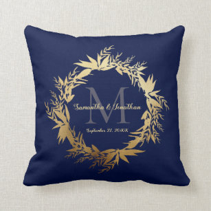 Gold Greenery Monogram Navy Blue Wedding Keepsake Cushion