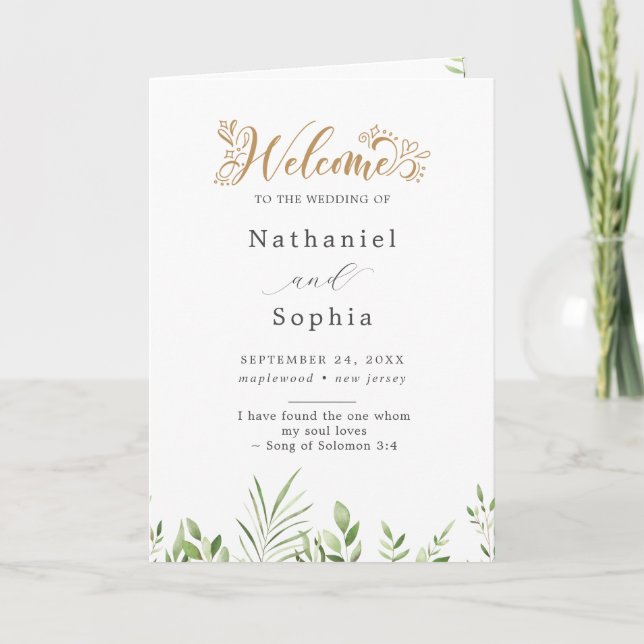 Gold Greenery Watercolor Folded Wedding Program (Front)