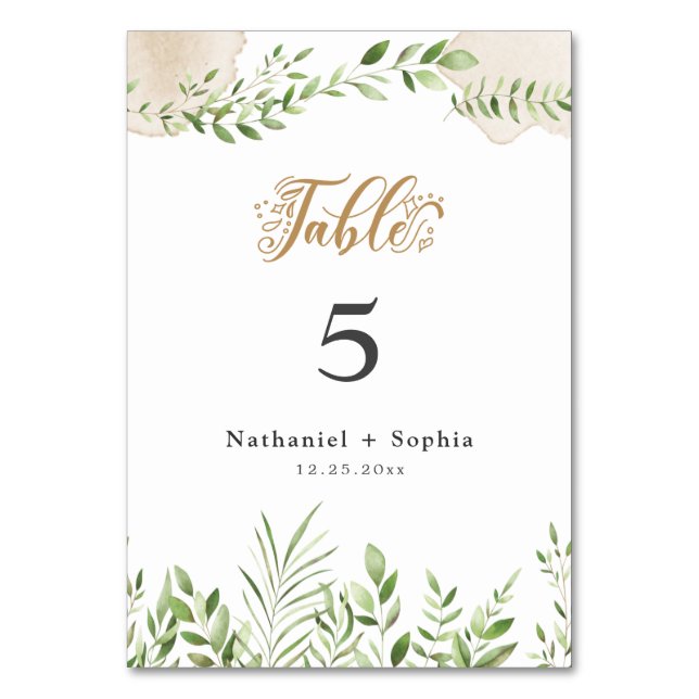 Gold Greenery Watercolor Table Card (Front)