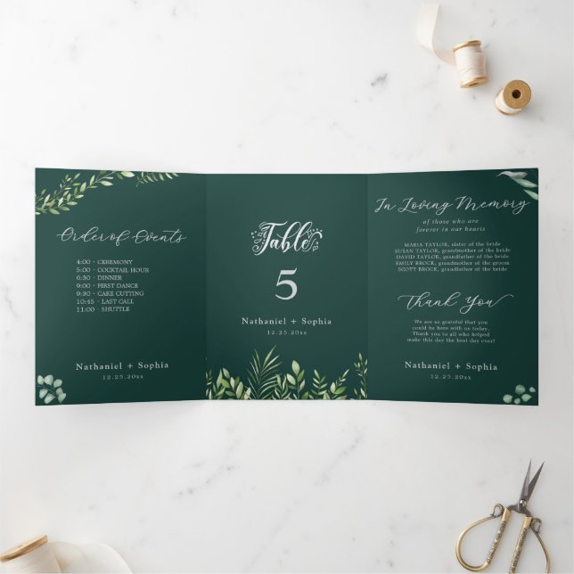 Gold Greenery Watercolor Trifold Table Number Sign (Inside)