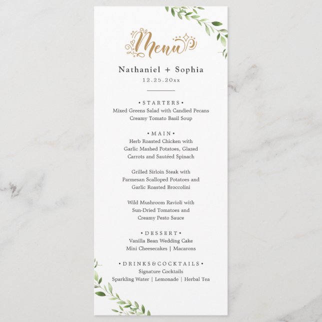 Gold Greenery Watercolor Wedding Dinner Menu (Front)