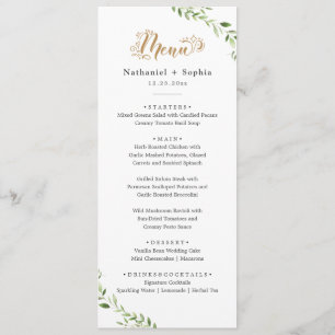Gold Greenery Watercolor Wedding Dinner Menu