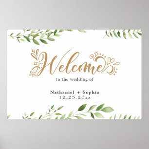 Gold Greenery Watercolor Wedding Welcome Sign