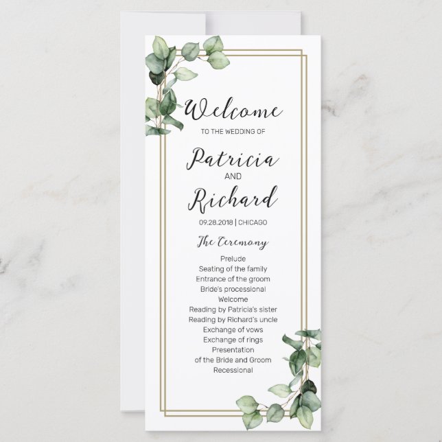 Gold Greenery Wedding Ceremony Program 4x9 Card (Front)
