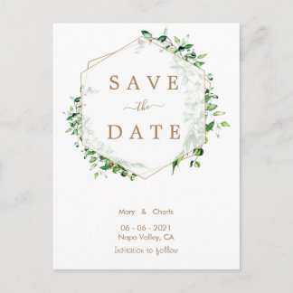 Gold Greenery Wedding Save the Date postcard