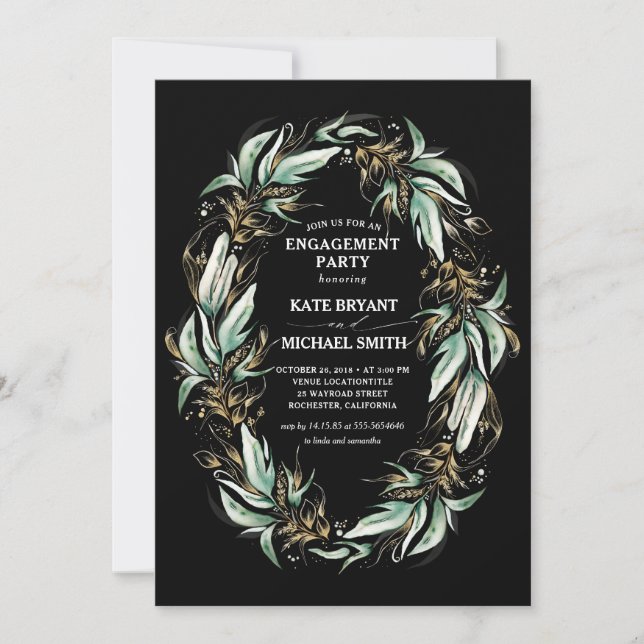 Gold Greenery Wreath Black Modern Engagement Party Invitation (Front)