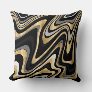 Gold Grey Abstract Swirl Retro Black Pattern Cushion