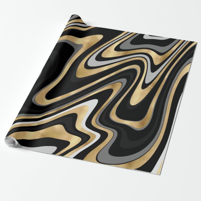 Gold Grey Abstract Swirl Retro Black Pattern Wrapping Paper (Unrolled)