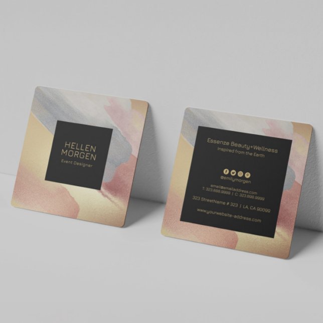 Gold, Grey and Rose-Gold Brushstrokes Square Business Card (Creator Uploaded)