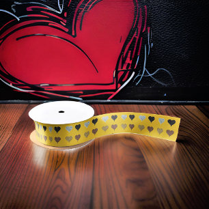 Gold Grey Black Brown Hearts Satin Ribbon