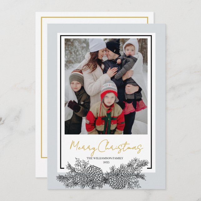 Gold Grey Black Modern Elegant Photo Christmas Holiday Card (Front/Back)