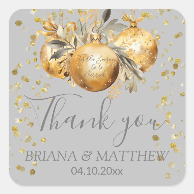 Gold Grey Christmas Wedding Favour Square Sticker (Front)