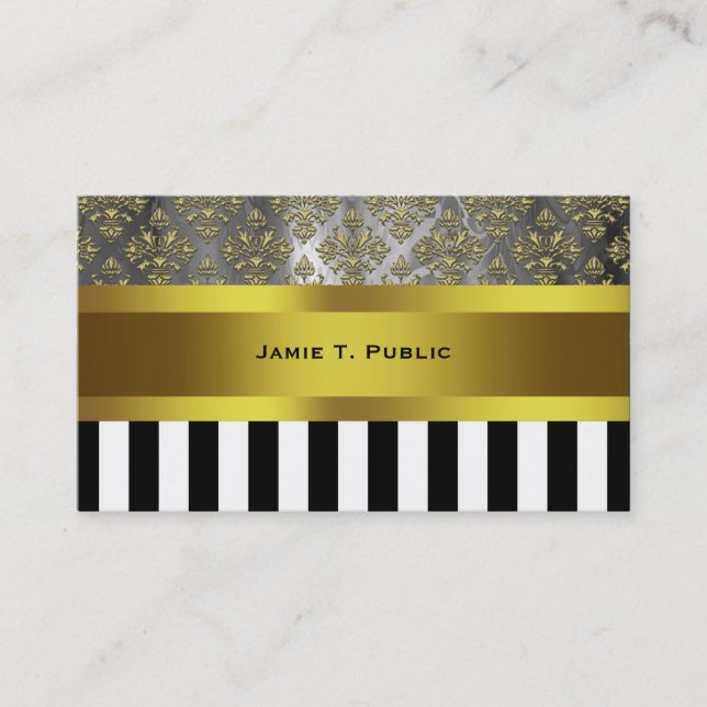 Gold Grey Damask, Black White Stripe Gold Ribbon Business Card (Front)