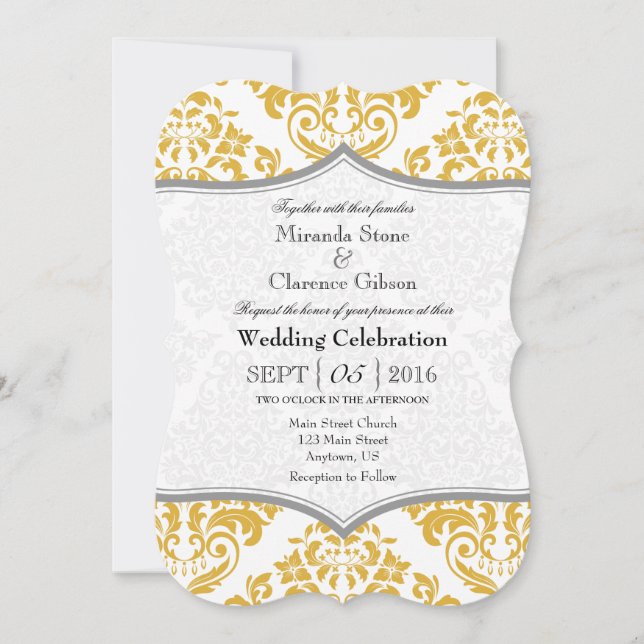 Gold Grey Damask Bracket Wedding Invite (Front)