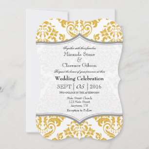 Gold Grey Damask Bracket Wedding Invite
