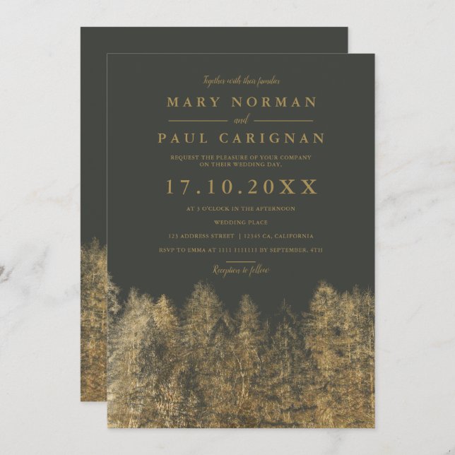 Gold grey Fall winter pine trees forest wedding Invitation (Front/Back)