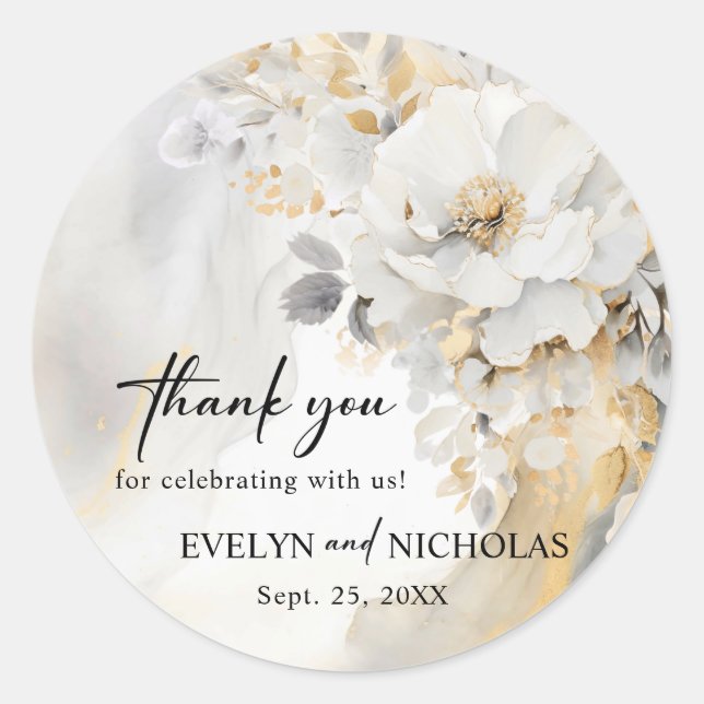 Gold Grey Floral Peony Flower Wedding Thank You Classic Round Sticker (Front)
