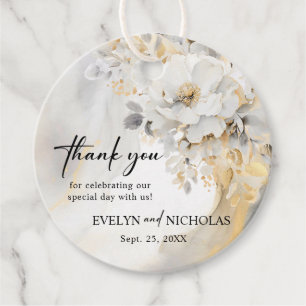Gold Grey Floral Peony Flower Wedding Thank You Favour Tags