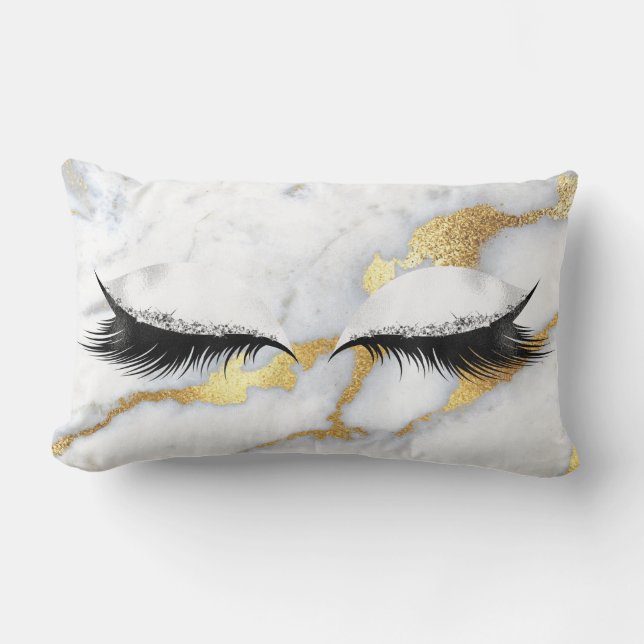 Gold Grey Glitter Black Eyes Makeup Marble Stone Lumbar Cushion (Front)
