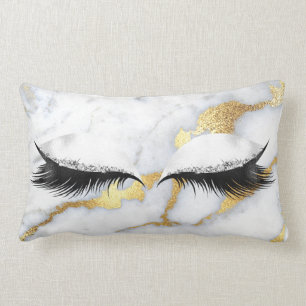 Gold Grey Glitter Black Eyes Makeup Marble Stone Lumbar Cushion