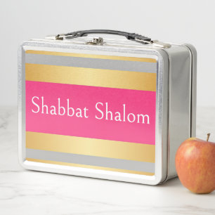 Gold Grey Hot Pink Stripes, Shabbat Shalom Glam Metal Lunch Box