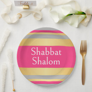 Gold Grey Hot Pink Stripes, Shabbat Shalom Glam Paper Plate