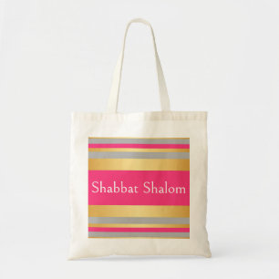 Gold Grey Hot Pink Stripes, Shabbat Shalom Glam Tote Bag