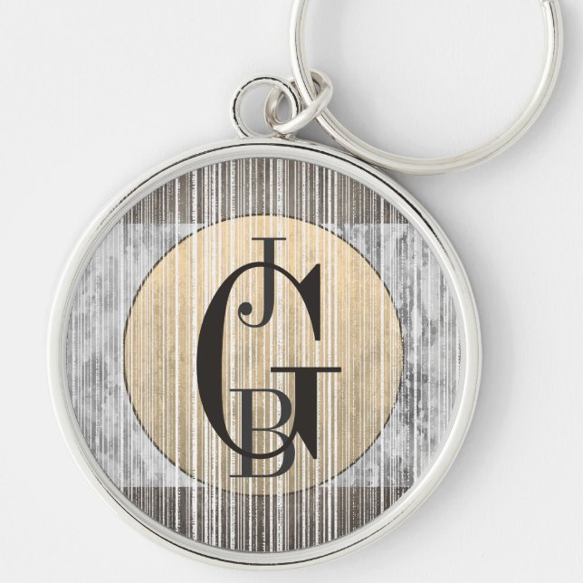 Gold, Grey Marble & Stripe Pattern Key Ring (Front)
