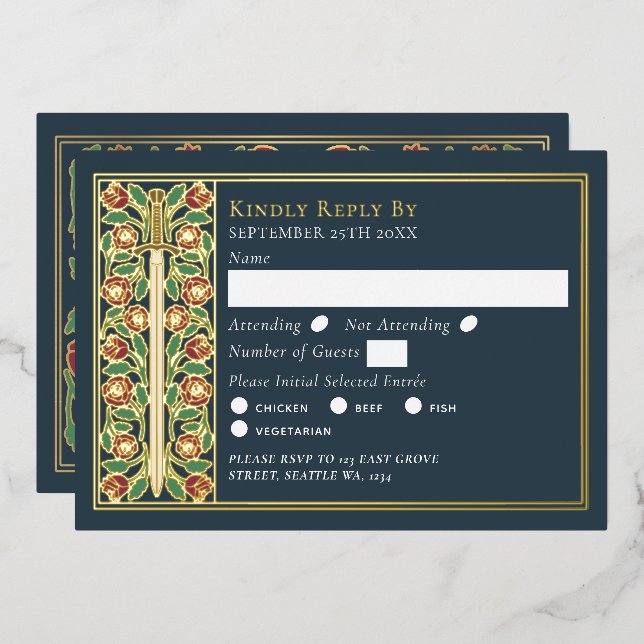 Gold Grey Mediaeval Floral Sword Wedding RSVP (Front/Back)