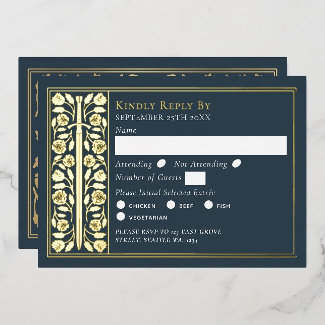 Gold Grey Mediaeval Sword Wedding RSVP (Front/Back)